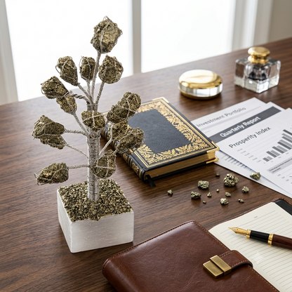Original Raw Pyrite Crystal Money Tree on Natural Selenite Base | Handmade Prosperity Tree for Home, Office, Vastu & Luxury Décor