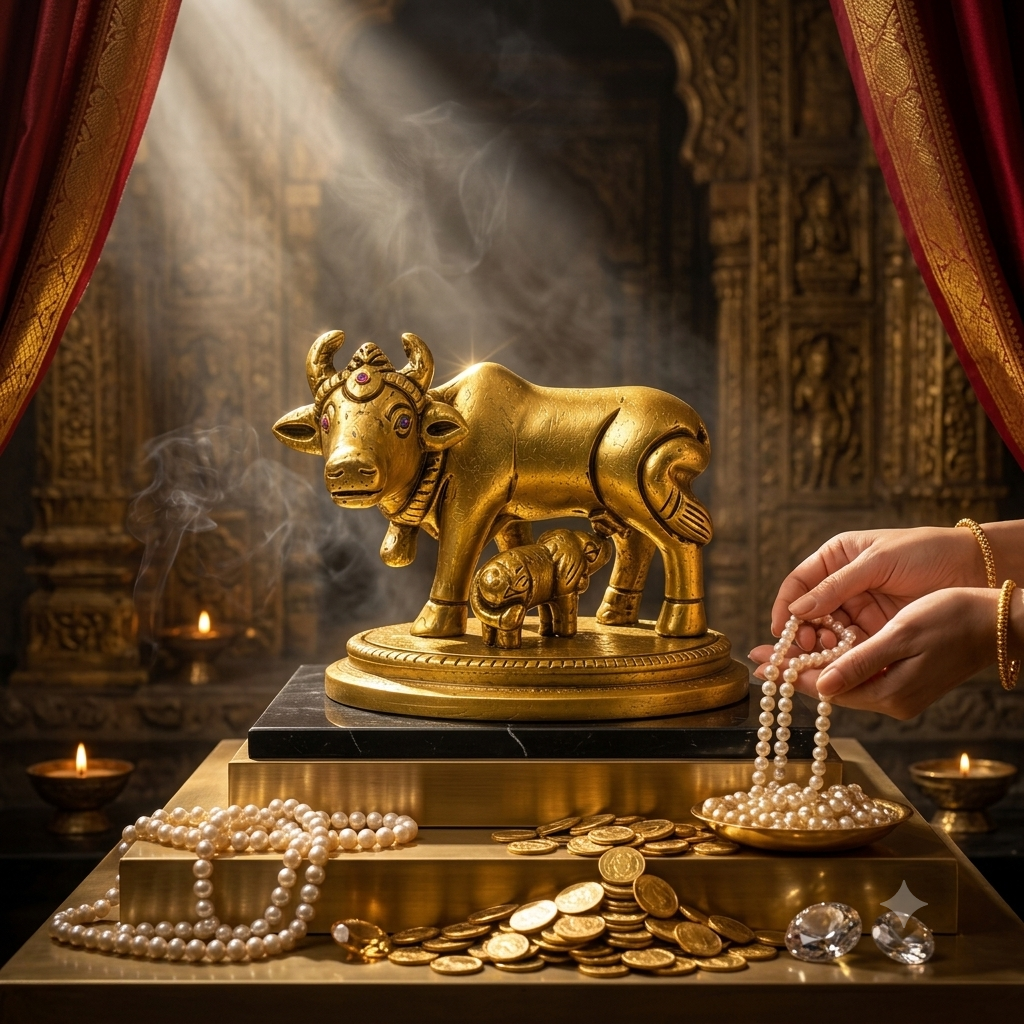 Kamdhenu Cow with Calf Brass Idol | Premium Vastu Décor for Home Temple & Office