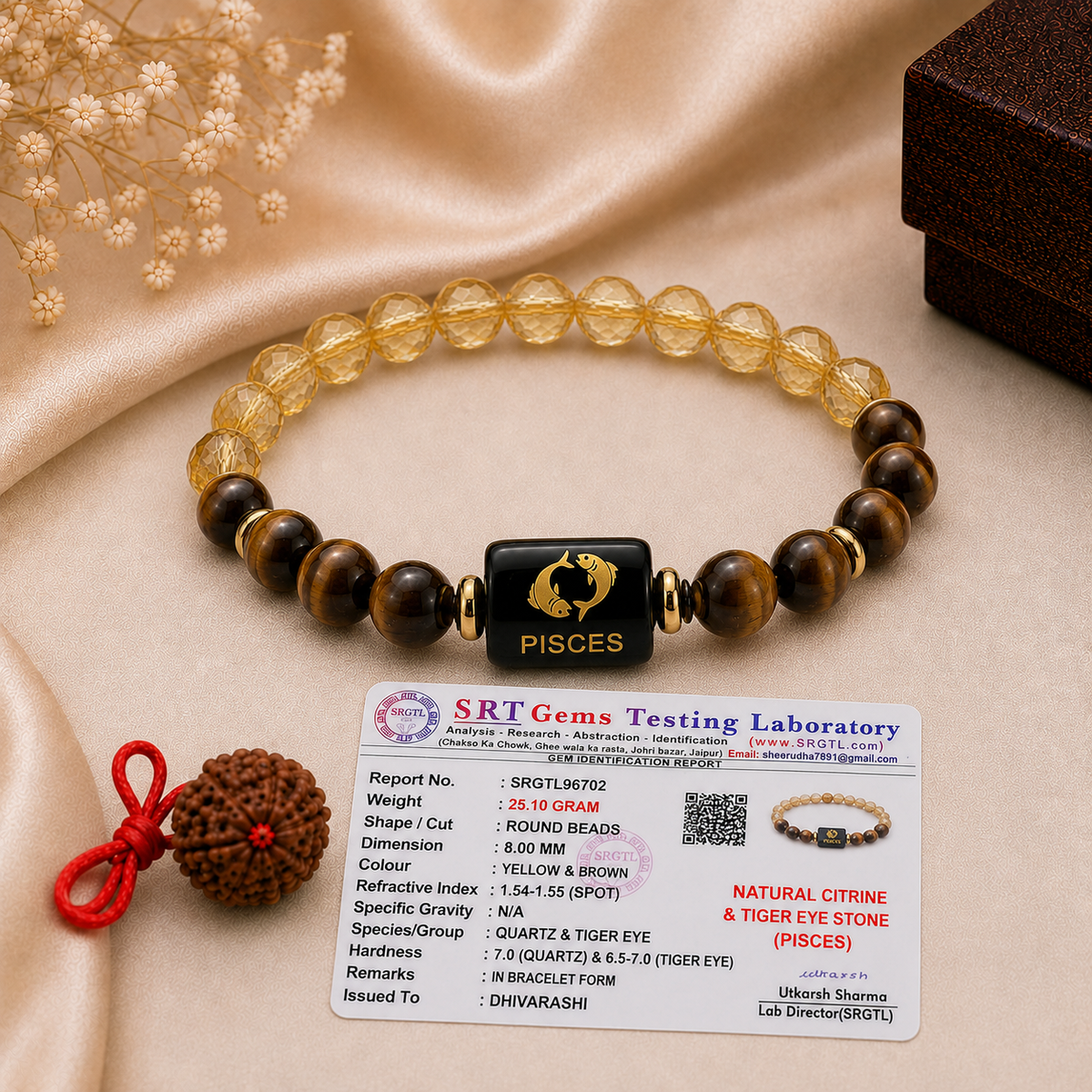 Pisces Zodiac Bracelet (मीन राशि) | Natural Tiger Eye & Citrine | Intuition, Calm & Positivity | Crystal Bracelet for Men & Women
