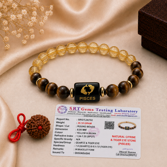 Pisces Zodiac Bracelet (मीन राशि) | Natural Tiger Eye & Citrine | Intuition, Calm & Positivity | Crystal Bracelet for Men & Women