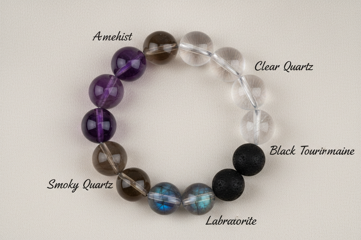 A luxurious Shani Raksha Bracelet made of natural 8mm beads, each bead labeled with its name: Amethyst, Smoky Quartz, Clear Quartz, Labradorite, and Black Tourmaline. The beads are arranged in a circle, each bead distinct in color and texture. The background is elegant and simple, emphasizing the natural beauty of each stone. The labels are clear, stylish but unobtrusive in white font near each corresponding bead.