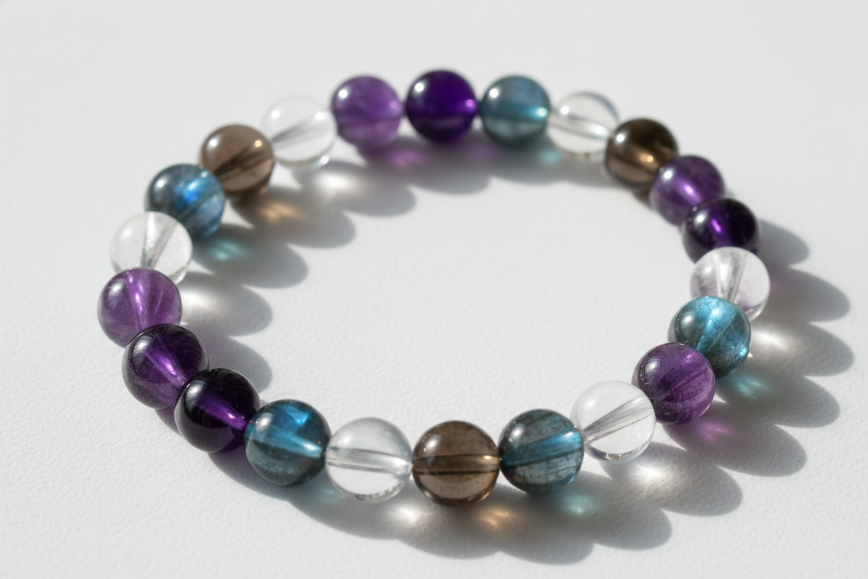 create a braclet made up of 
• Amethyst (8mm natural stones)

• Smoky Quartz (8mm natural stones)

• Clear Quartz (8mm natural stones)

• Labradorite (8mm natural stones)