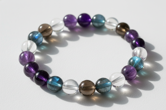 create a braclet made up of 
• Amethyst (8mm natural stones)

• Smoky Quartz (8mm natural stones)

• Clear Quartz (8mm natural stones)

• Labradorite (8mm natural stones)