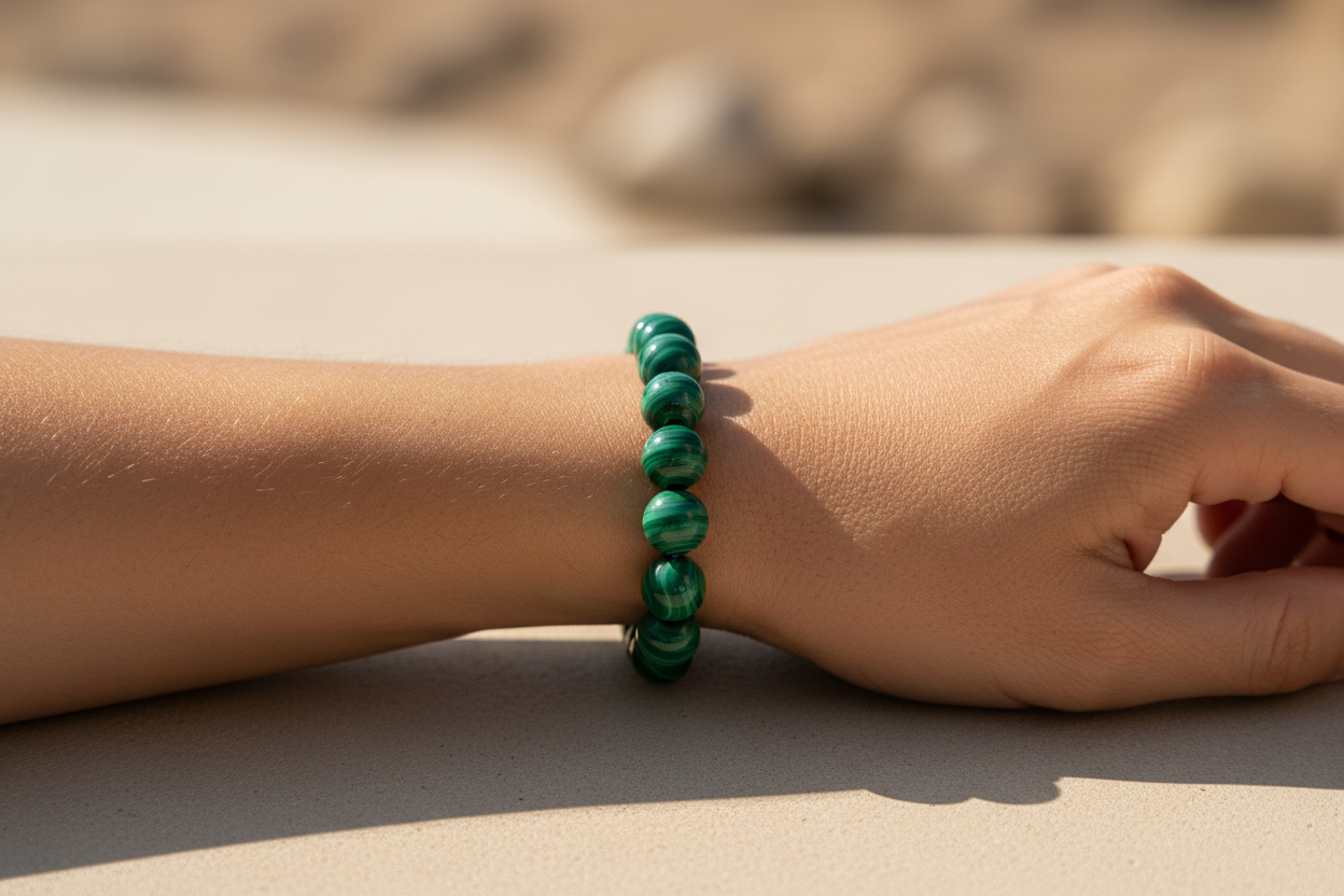 Create a close-up lifestyle photograph of a person wearing a Malachite Transformation Crystal Bracelet on the wrist. Capture soft outdoor natural light, with the hand resting on a neutral background. Show the bracelet clearly, highlighting the rich green patterns. Skin tone should look natural, image soft, realistic, and premium. No face visible.