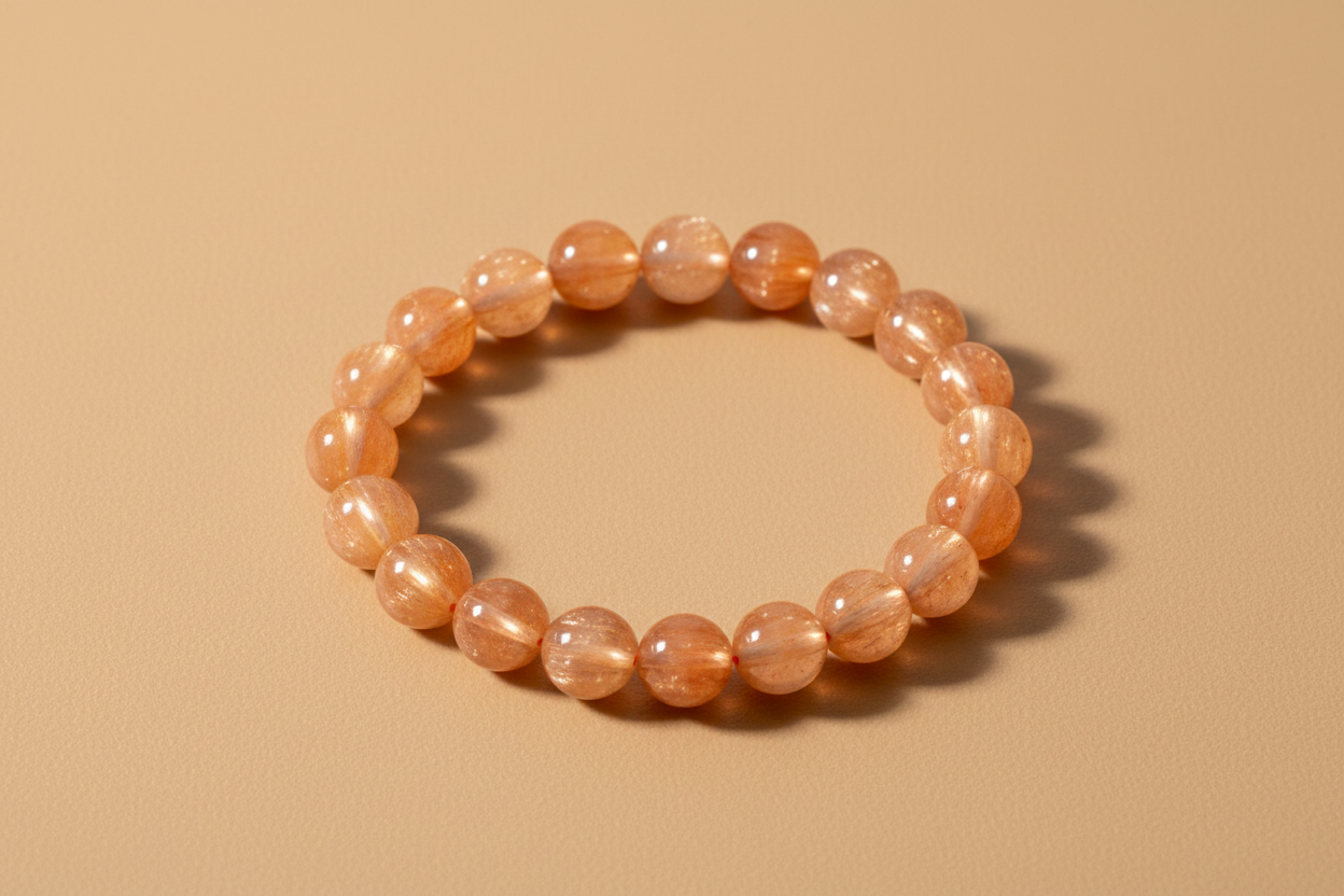 Create a high-quality studio photograph of a Sunstone crystal bracelet arranged in a perfect circular shape on a warm beige matte background. Use diffused golden light to highlight the natural shimmer of the Sunstone beads. Soft shadows. No props. Premium jewelry style.