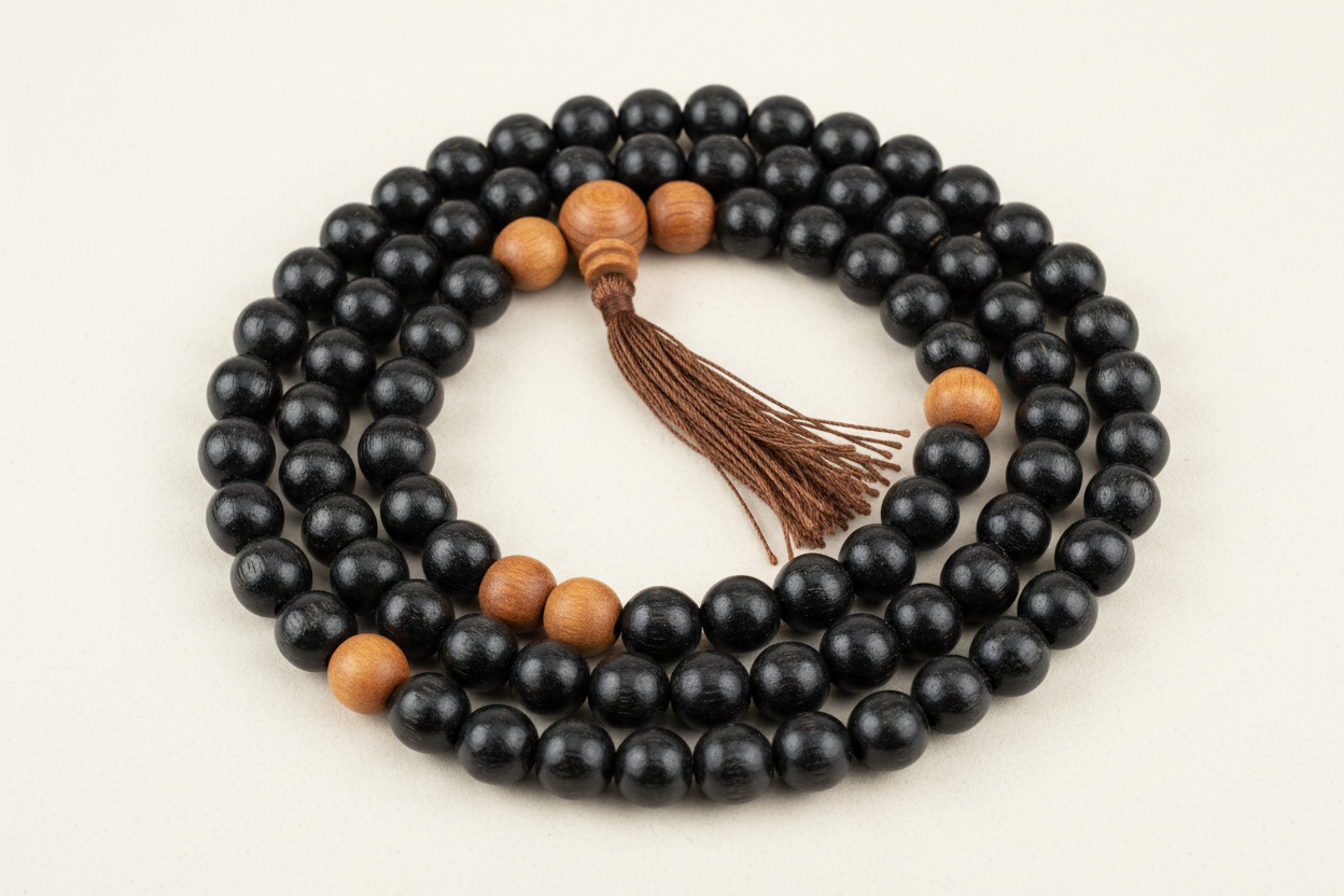 Create a high-quality, studio-style product photograph of a **Karungali Mala (8mm)** made of **natural ebony wood black beads** and **sandalwood prayer beads**.  
The mala should look **authentic, handcrafted, and spiritual**, arranged in a neat circular or flowing shape.

Key Requirements:
- Beads must look **dark black ebony wood**, smooth, polished, and uniform.
- Include a subtle **sandalwood tone** in the guru bead or tassel area.
- Add a **simple brown or beige thread/tassel** (optional).
- Background