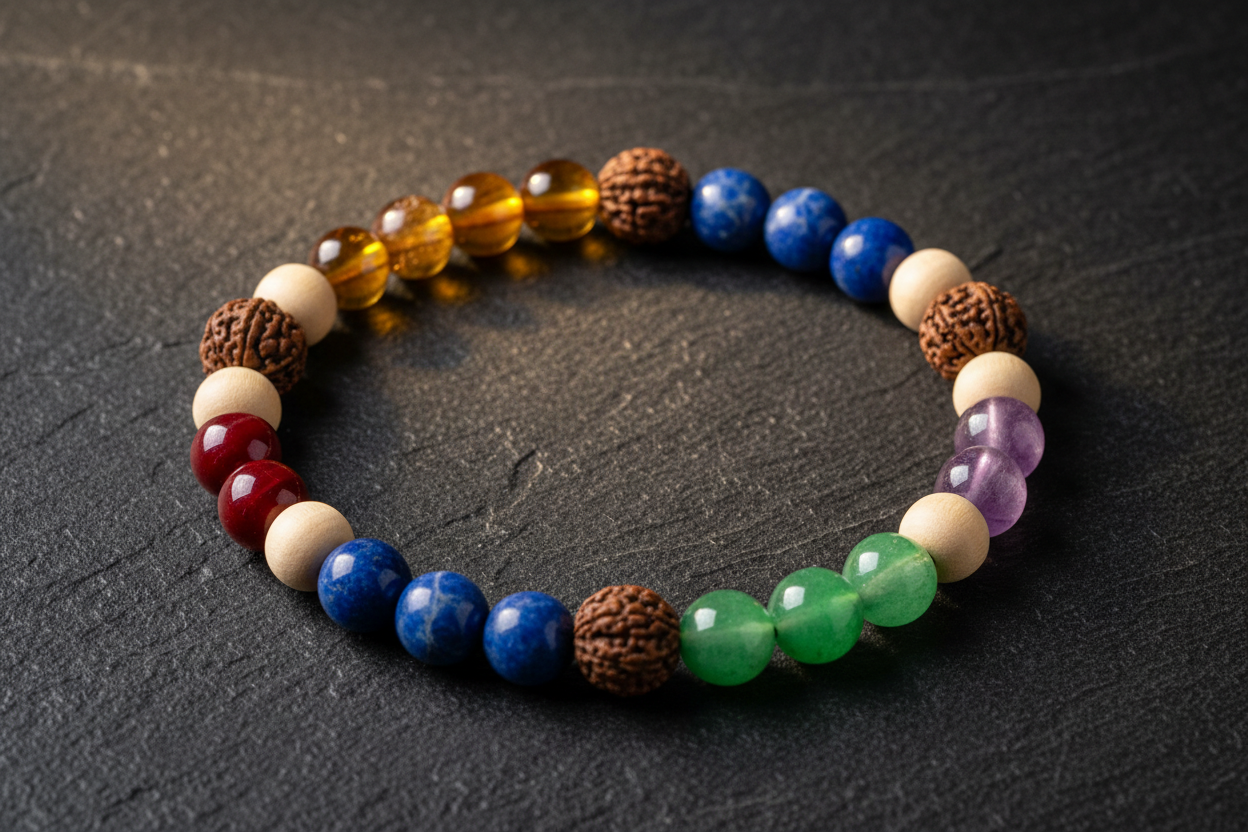 Create a hyper-realistic, premium studio photograph of a 23-bead Sacred Harmony Chakra Bracelet featuring Red Carnelian, Orange Citrine, Yellow Tiger’s Eye, Green Aventurine, Blue Sodalite, Indigo Lapis Lazuli, Purple Amethyst, along with 4 Rudraksha (5-Mukhi), 8 Sandalwood, and 4 Tulsi beads. Arrange the bracelet in a perfect circular shape on a soft matte black stone background with luxury warm lighting. Highlight the natural textures of each gemstone and wood bead. Maintain clean reflections, rich colors
