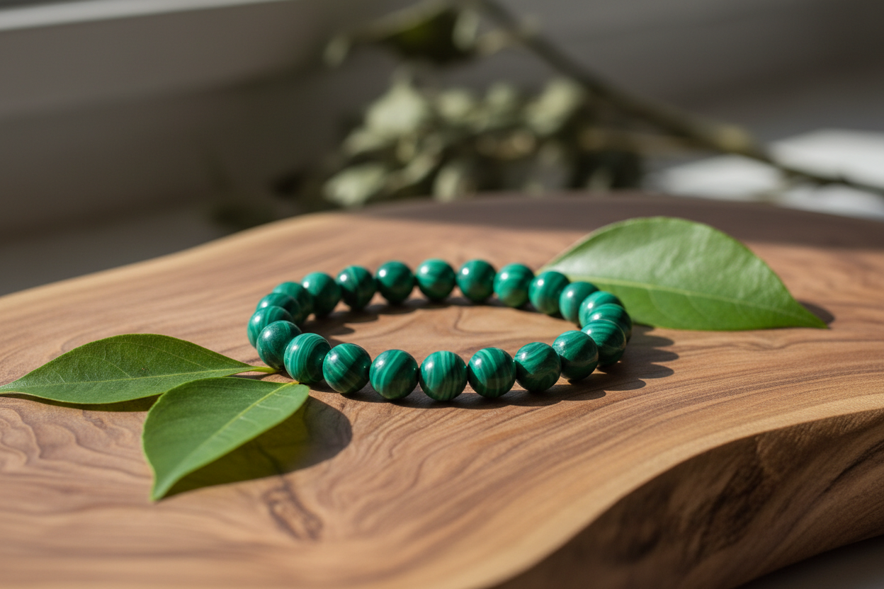 Create a natural, earthy-themed product image of a malachite bracelet displayed on a smooth wooden plank with natural textures. Surround lightly with 2–3 green leaves placed aesthetically. Use soft, natural daylight. Keep the bracelet in sharp focus, highlighting the natural bands in the malachite beads. No text or branding.