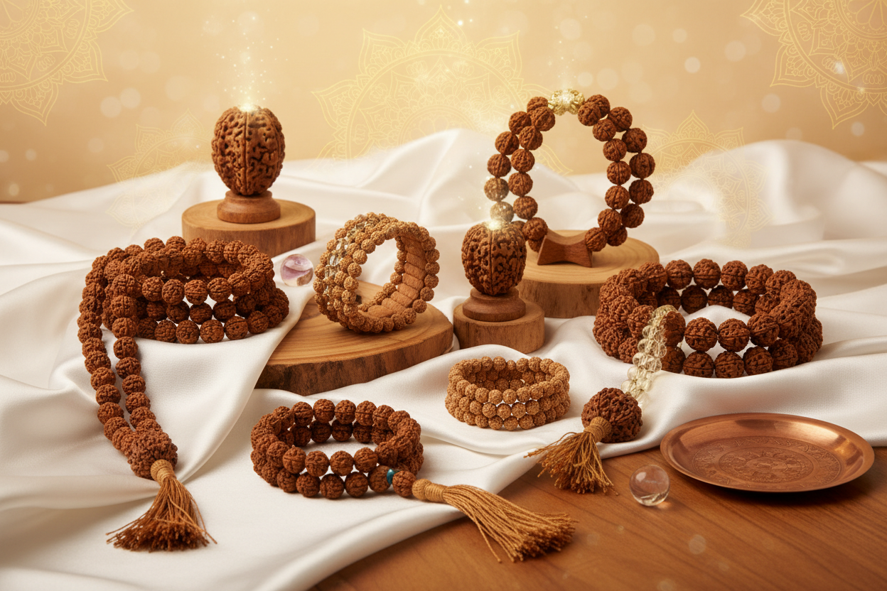 Create a premium hero banner for an online spiritual store selling natural Rudraksha malas, Rudraksha bracelets, Rudraksha big malas , 1 mukhi rudraksha, 2 mukhi and sacred healing accessories. Use a clean, luxurious background with soft golden light and subtle mandala patterns. Place high-quality images of Rudraksha malas and bracelets in the center on a white silk or wooden background. Add a glowing spiritual aura around the Rudraksha beads to show purity and divinity