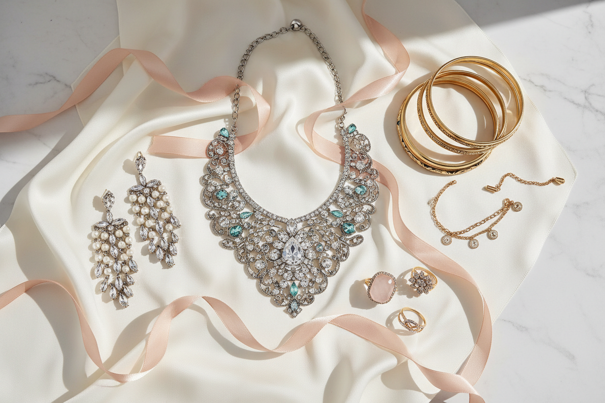 Create a premium hero banner showcasing elegant artificial jewellery including necklaces, earrings, bangles, bracelets, and rings. Use a clean luxury background in cream, pastel, or soft gold tones. Arrange the jewellery neatly on silk fabric or a modern minimal flat lay. Add soft lighting, sharp detailing, and a high-end fashion look. Make the banner feel stylish, modern, and feminine