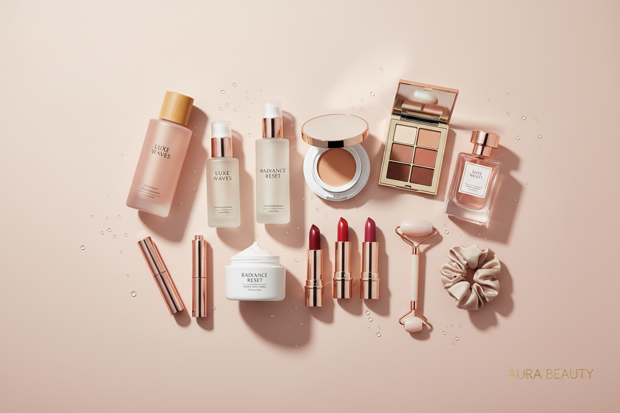 “Create a premium hero banner showcasing multiple women’s beauty products including skincare, makeup, lipsticks, serums, perfumes, haircare, and beauty essentials. Use a clean soft pastel or beige background with elegant lighting. Arrange the products aesthetically on a flat lay with modern, feminine styling. Add a luxurious, glossy feel with subtle shadows and minimal design.