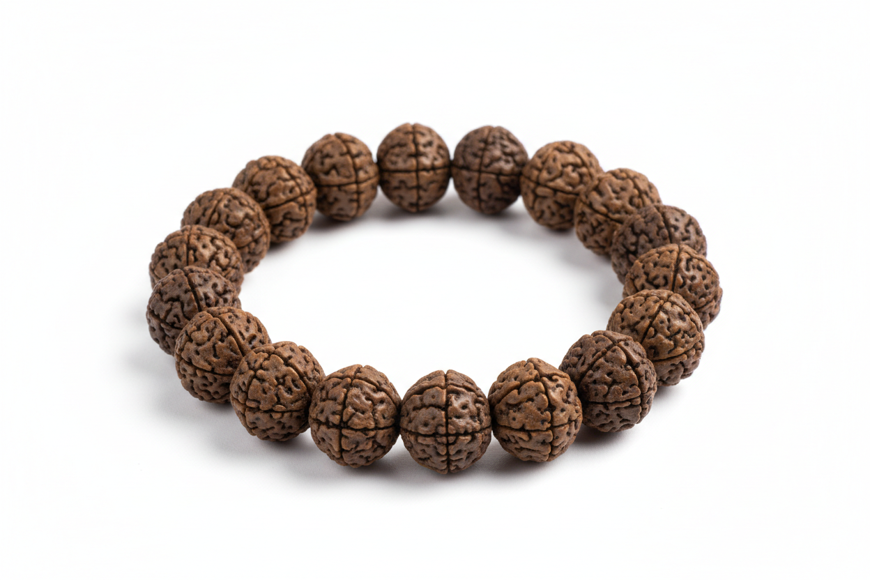 Create a premium product image of a **4 Mukhi Rudraksha Bracelet** made with natural Rudraksha seeds on an elastic thread. Arrange the bracelet neatly in a circular shape on a clean white background with soft shadows. Highlight the seed texture and Lord Brahma’s knowledge, creativity, and wisdom energy. 1:1 square image.
