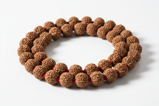 Create a premium product image of a **5 Mukhi Rudraksha Mala** with natural Rudraksha seeds and a red thread. Arrange the mala clearly in a circular shape on a clean white background with soft shadows. Highlight the authentic seed texture and Lord Shiva meditation energy. 1:1 square image.

