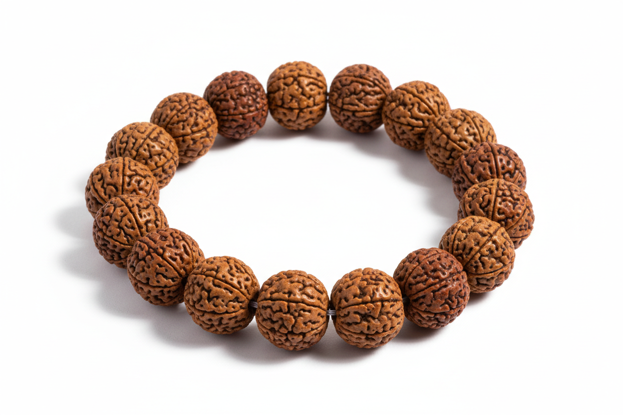 Create a premium product image of a **6 Mukhi Rudraksha Bracelet** made with natural Rudraksha seeds on elastic thread. Arrange the bracelet neatly in a circular shape on a clean white background with soft shadows. Highlight the seed texture and Lord Kartikeya’s focus, willpower, and concentration energy. 1:1 square image.
