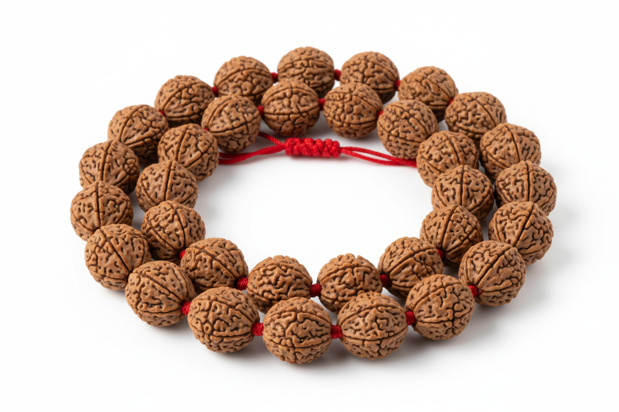 Create a premium product image of a **6 Mukhi Rudraksha Thread Bracelet** with adjustable red thread and natural Rudraksha seeds. Arrange the bracelet neatly in a circular shape on a clean white background with soft shadows. Highlight the seed texture and Lord Kartikeya’s focus and concentration energy. 1:1 square image.
