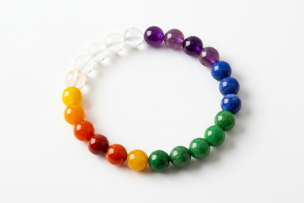 Create a premium product image of a **7 Chakra Healing Crystal Bracelet** made from natural stones like Jasper, Carnelian, Citrine, Aventurine, Lapis, Amethyst, and Quartz. Arrange the bracelet neatly in a circular shape on a clean white background with soft shadows. Highlight the bright chakra colors and healing energy. 1:1 square image.
