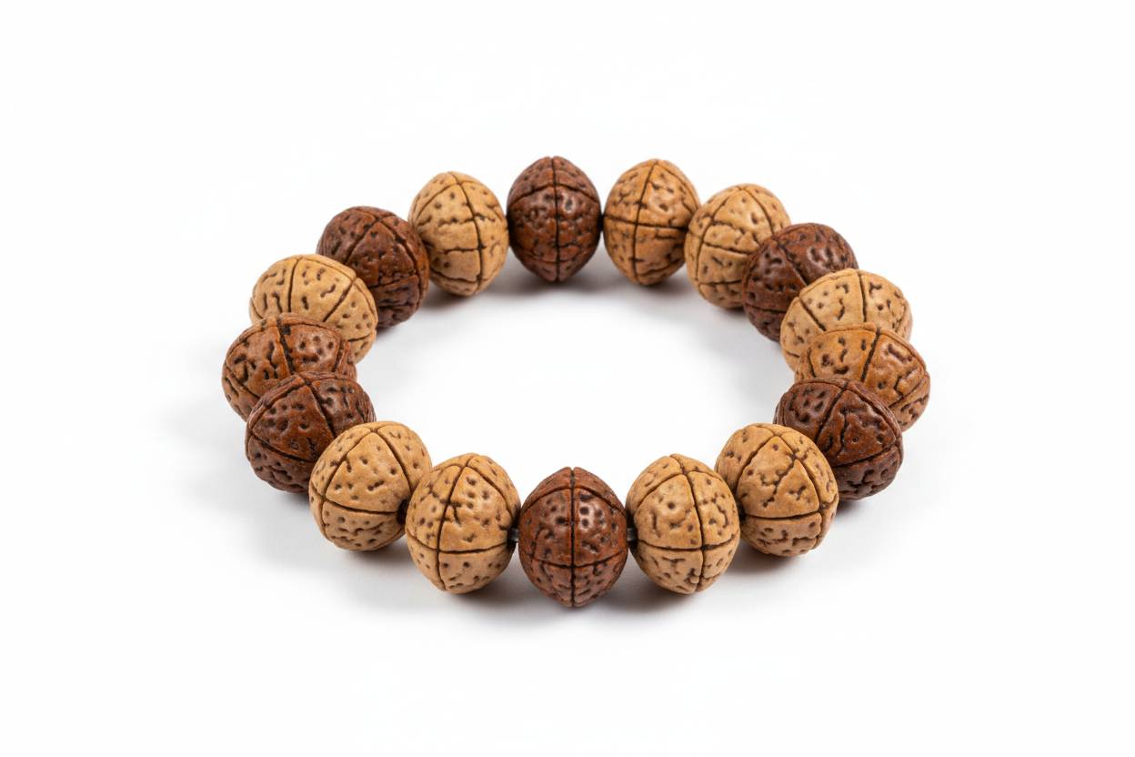 Create a premium product image of a **7 Mukhi Rudraksha Bracelet** made with natural Rudraksha seeds on elastic thread. Arrange the bracelet neatly in a circular shape on a clean white background with soft shadows. Highlight the seed texture and Goddess Lakshmi’s wealth, prosperity, and spiritual success energy. 1:1 square image.
