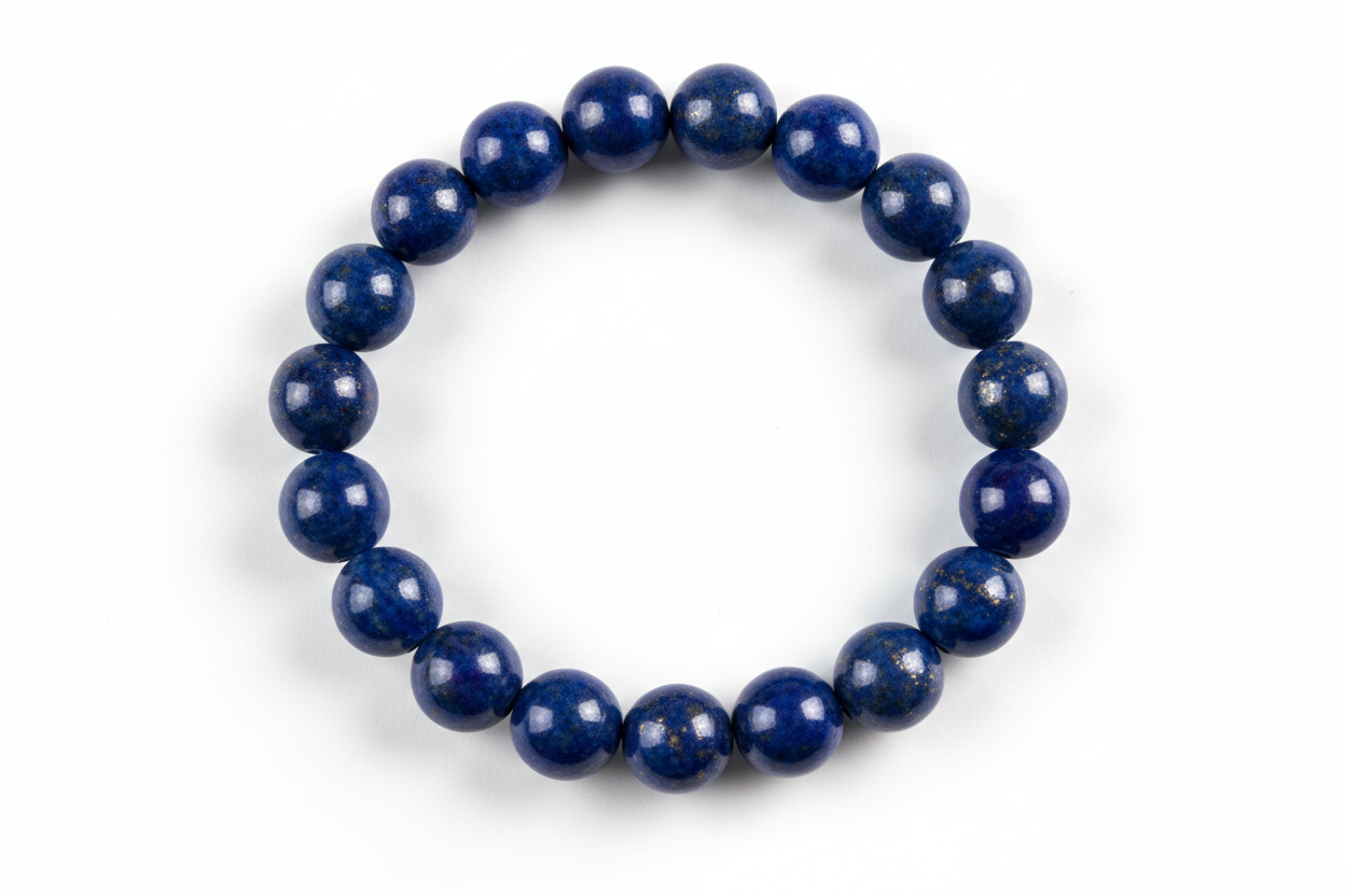 Create a premium product image of a **Lapis Lazuli Wisdom Bracelet** made with natural deep-blue lapis lazuli beads. Arrange the bracelet neatly in a circular shape on a clean white background with soft shadows. Highlight the rich blue stone texture and its third-eye intuition and spiritual awareness energy. 1:1 square image.
