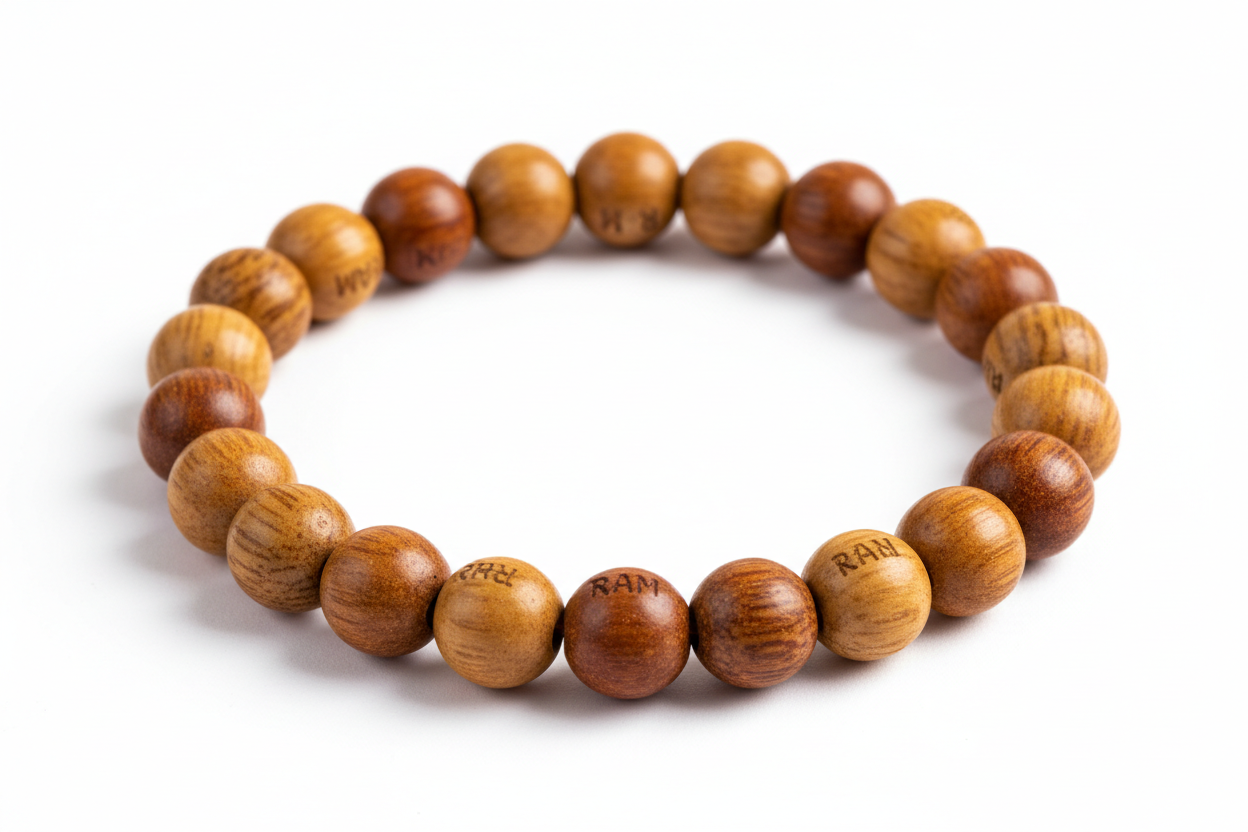 Create a premium product image of a **Ram Name Tulsi Bracelet** made with natural Sumanni (holy basil) wood beads. Arrange the bracelet neatly in a circular shape on a clean white background with soft shadows. Highlight the sacred Tulsi wood texture and devotional Hindu spiritual energy. 1:1 square image.
