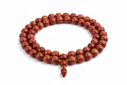Create a premium product image of a **Red Chandan Mala 8mm** with natural red sandalwood beads and a latkan. Arrange the mala neatly in a clear circular shape on a clean white background with soft shadows. Highlight the rich red wood texture and spiritual healing energy. 1:1 square image.
