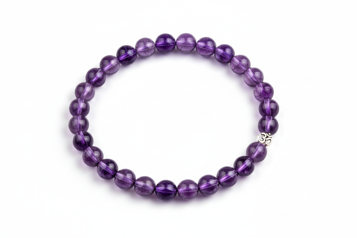 Create a premium product image of a **Reiki Healing Crystal Bracelet** made with natural Amethyst purple beads. Arrange the bracelet neatly in a circular shape on a clean white background with soft shadows. Highlight the deep purple tones and meditation, chakra balancing energy. 1:1 square image.
