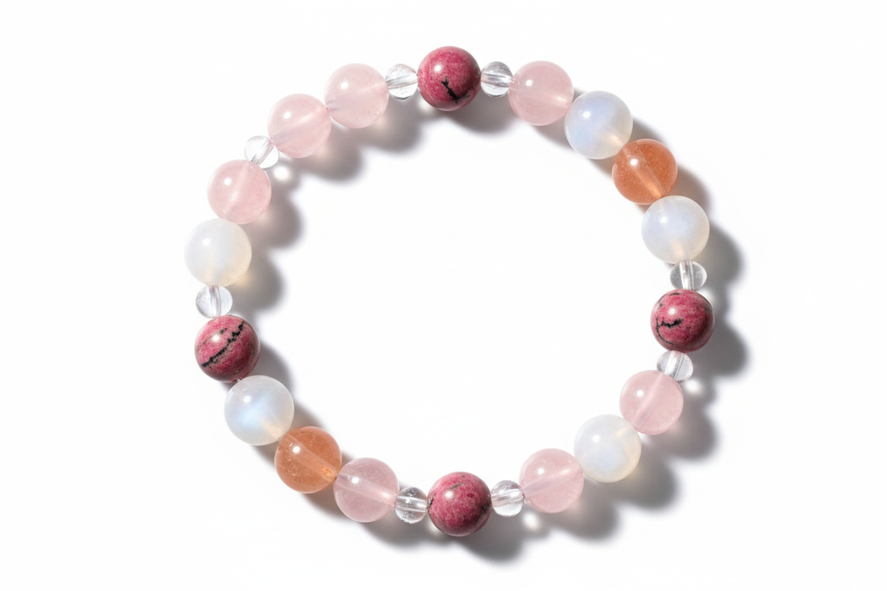 Create a premium product image of a **Rose Quartz Love Bracelet for Couples** featuring Rose Quartz, Rhodonite, Moonstone, Sunstone, and Clear Quartz beads. Arrange the bracelet neatly in a circular shape on a clean white background with soft shadows. Highlight the soft pink tones and harmony healing energy. 1:1 square image.
