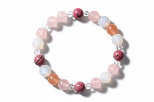 Create a premium product image of a **Rose Quartz Love Bracelet for Couples** featuring Rose Quartz, Rhodonite, Moonstone, Sunstone, and Clear Quartz beads. Arrange the bracelet neatly in a circular shape on a clean white background with soft shadows. Highlight the soft pink tones and harmony healing energy. 1:1 square image.
