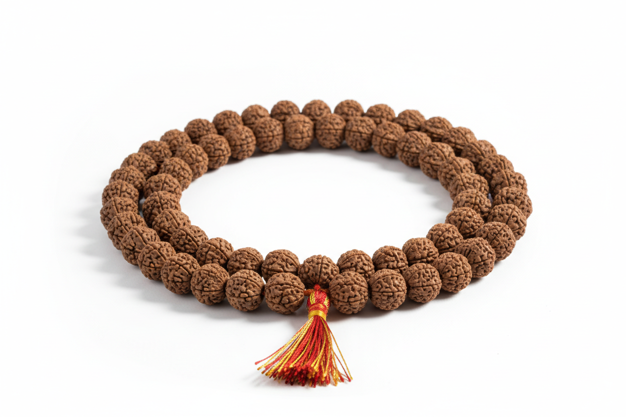 Create a premium product image of a **Rudraksha Mala 8mm with Latkan** made from natural Rudraksha seeds. Arrange the mala neatly in a full circular or flowing shape on a clean white background with soft shadows. Highlight the natural seed texture and spiritual Hindu meditation and japa energy. 1:1 square image.
