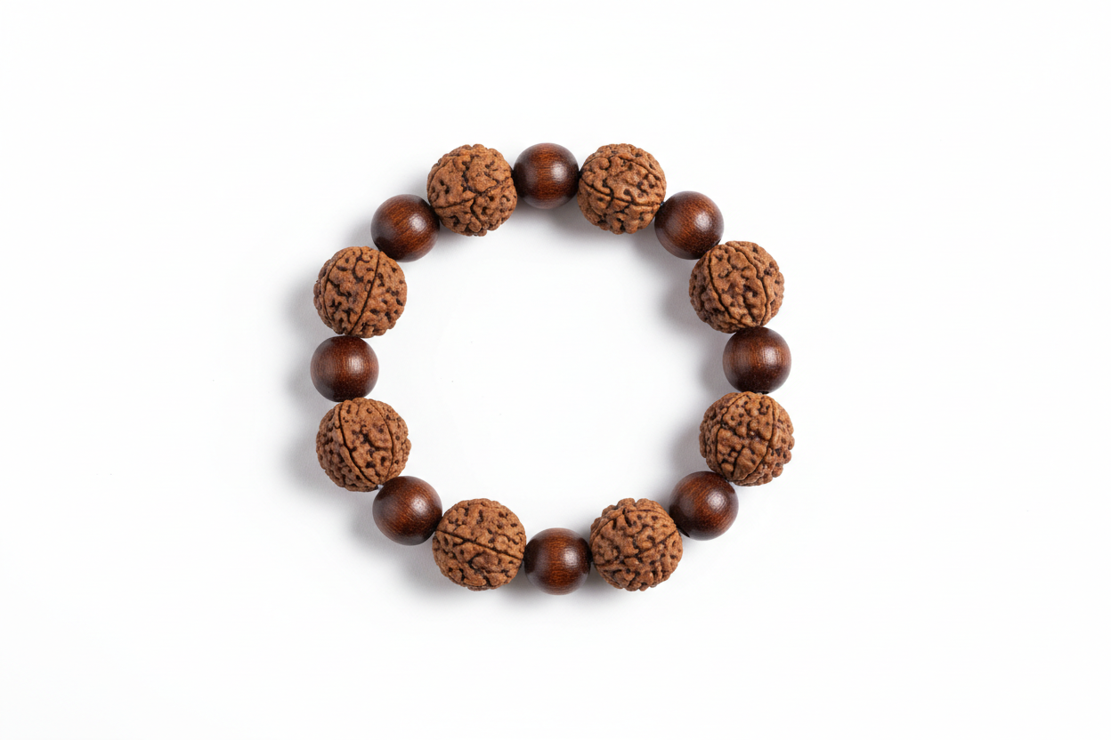 Create a premium product image of a **Rudraksha Tulsi Mixed Bracelet** made from natural Rudraksha and Tulsi wood beads. Arrange the bracelet neatly in a circular shape on a clean white background with soft shadows. Highlight the dual wood texture and spiritual protection energy of Shiva and Krishna. 1:1 square image.
