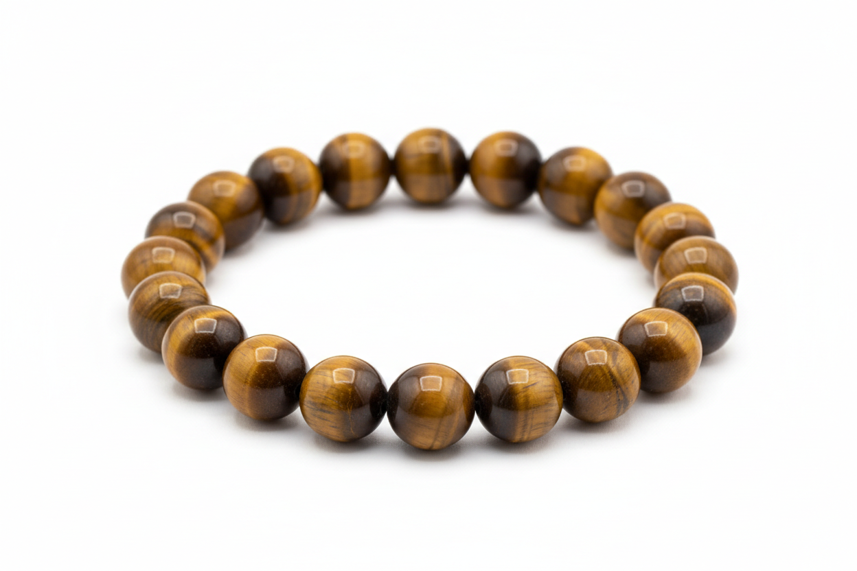 Create a premium product image of a **Tiger Eye Confidence Bracelet** made with natural golden-brown tiger eye beads. Arrange the bracelet neatly in a circular shape on a clean white background with soft shadows. Highlight the glossy tiger eye shine and its courage, strength, willpower, and focus energy. 1:1 square image.
