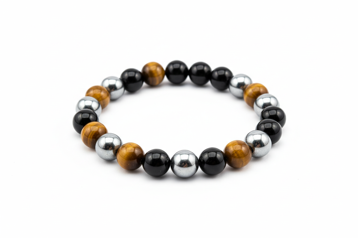 Create a premium product image of a **Triple Protection Crystal Bracelet** made with Tiger Eye, Hematite, and Black Obsidian natural stones. Arrange the bracelet neatly in a circular shape on a clean white background with soft shadows. Highlight the bold stone colors and strong evil eye protection energy. 1:1 square image.

