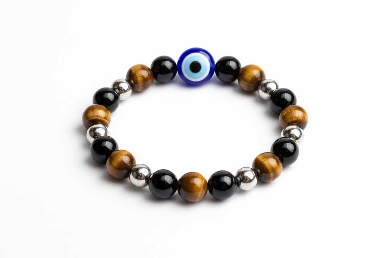 Create a premium product image of an **Evil Eye Protection Bracelet** made with Tiger Eye, Obsidian, Hematite, and a central Evil Eye bead. Arrange the bracelet neatly in a circular shape on a clean white background with soft shadows. Highlight the glossy stone textures and strong negative-energy protection vibe. 1:1 square image.
