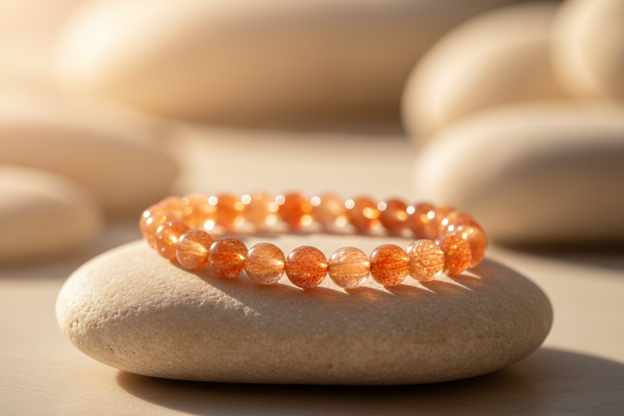 Create a radiant product image of a Sunstone Confidence Bracelet placed on a smooth cream stone surface with natural sunlight casting warm highlights. Emphasize the crystal’s golden-orange sparkle. Soft, dreamy vibes.