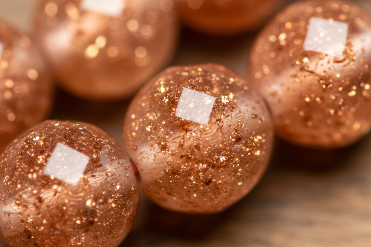 Create an ultra-close macro shot of Sunstone beads, capturing the crystal’s internal shimmer, golden flecks, and natural texture. Blurred background. High clarity. Perfect for quality display.