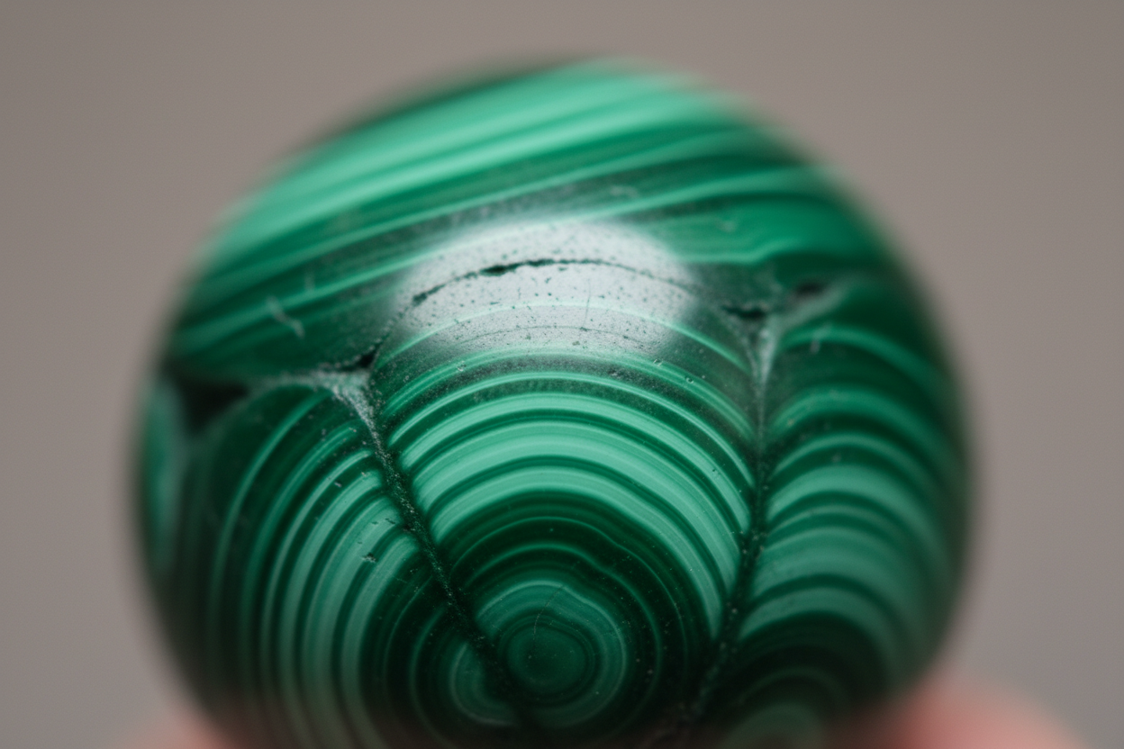 Create an ultra-close-up macro photograph of a single bead from the Malachite Transformation Bracelet, showing the natural banding and texture. Use sharp focus, soft diffused highlights, and a clean blurred background.