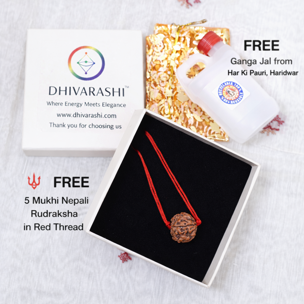 Dhivarashi black beaded mala necklace displayed with a red thread Rudraksha and Ganga Jal bottle shown as complimentary items