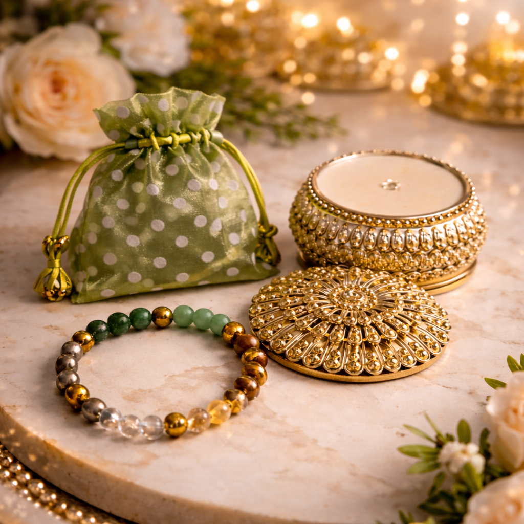 Dhivarashi Dhan Yog Crystal Bracelet with natural gemstones placed in a premium gift setup, symbolizing wealth, prosperity and positive energy – buy now: https://dhivarashi.com/products/dhivarashi-dhan-yog-crystal-bracelet