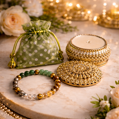 Dhivarashi Dhan Yog Crystal Bracelet with natural gemstones placed in a premium gift setup, symbolizing wealth, prosperity and positive energy – buy now: https://dhivarashi.com/products/dhivarashi-dhan-yog-crystal-bracelet