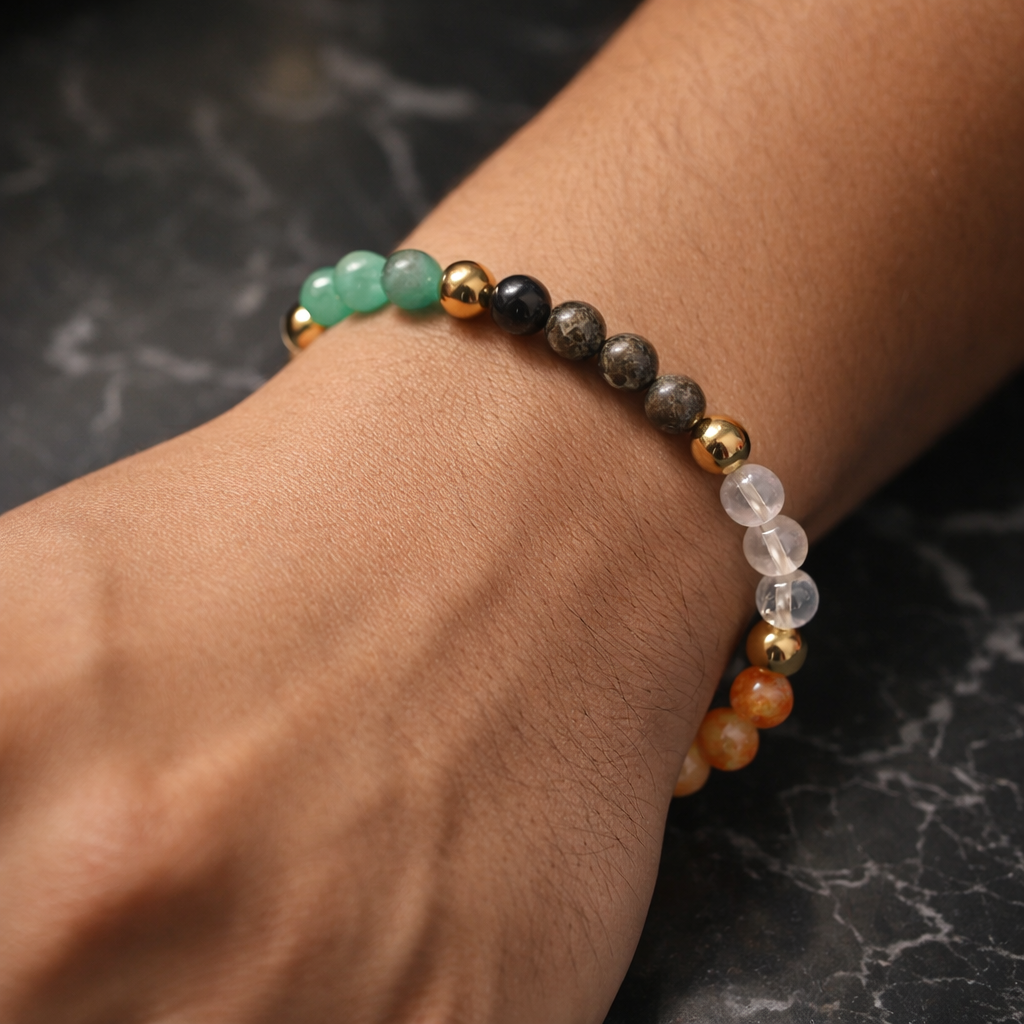Dhivarashi Dhan Yog Crystal Bracelet worn on wrist, natural gemstone beaded bracelet for wealth, prosperity and positive energy – shop now: https://dhivarashi.com/products/dhivarashi-dhan-yog-crystal-bracelet