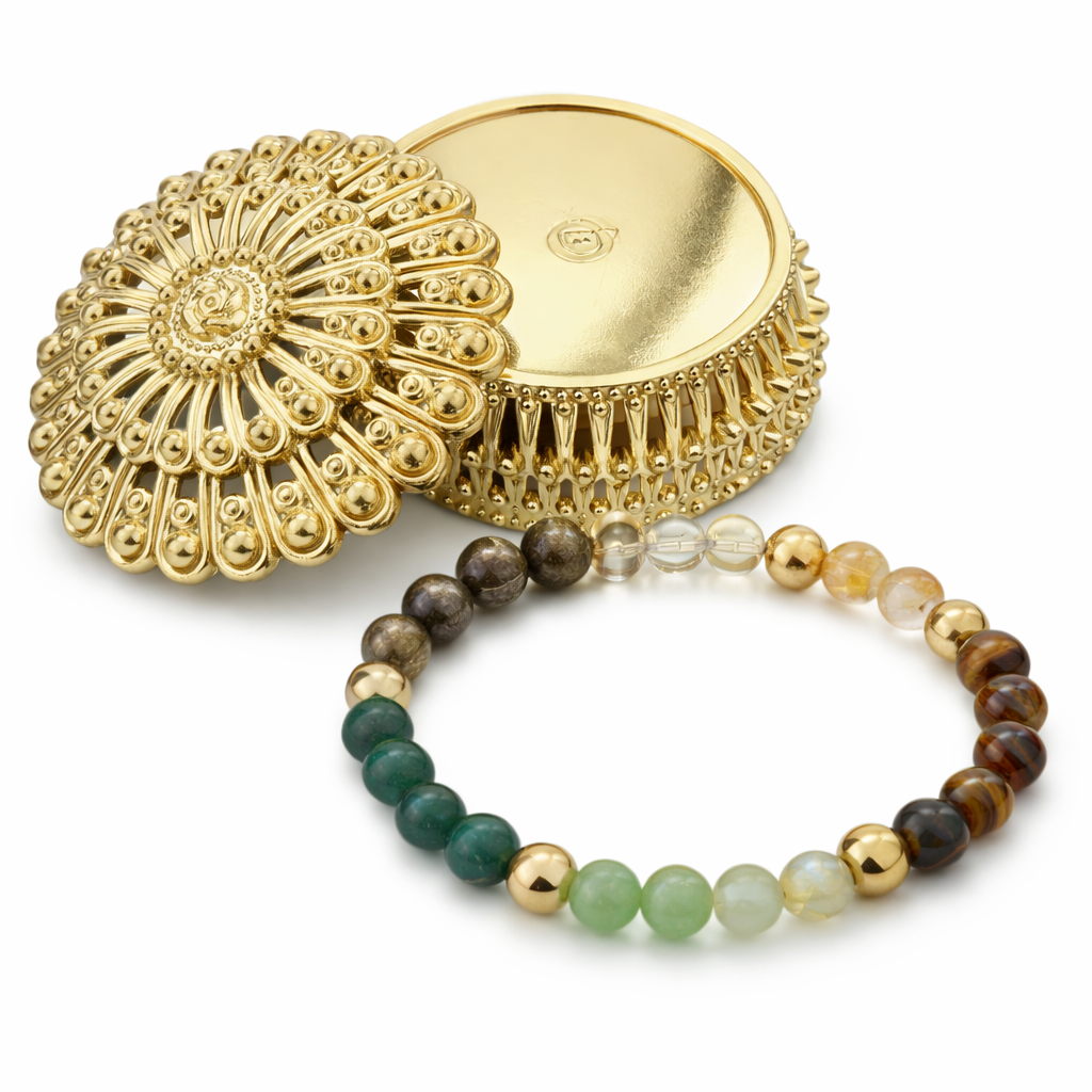 Dhivarashi Dhan Yog Crystal Bracelet with natural gemstones placed in a premium gold gift box, ideal for gifting and attracting wealth, prosperity and positive energy – buy now: https://dhivarashi.com/products/dhivarashi-dhan-yog-crystal-bracelet