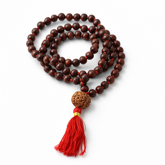 DHIVARASHI red sandalwood chandan mala with 5 Mukhi Nepali Rudraksha bead and red thread tassel on white background