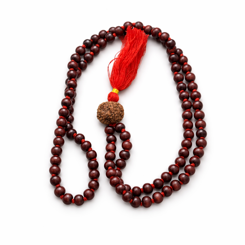 DHIVARASHI red sandalwood chandan mala with 5 Mukhi Nepali Rudraksha bead and red thread tassel arranged on white background