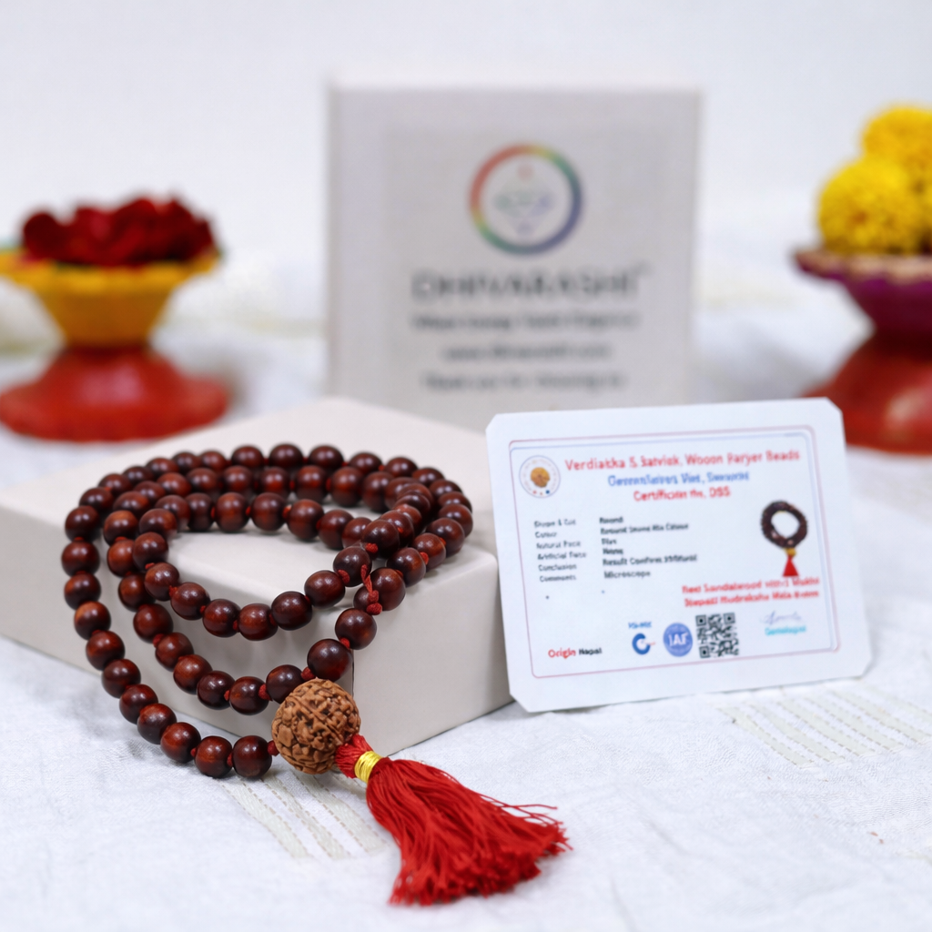 DHIVARASHI red sandalwood chandan mala with 5 Mukhi Nepali Rudraksha bead, red thread tassel and product information card placed on white surface