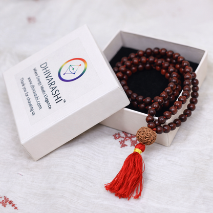 DHIVARASHI red sandalwood chandan mala with 5 Mukhi Nepali Rudraksha bead placed in branded box with red thread tassel on white background