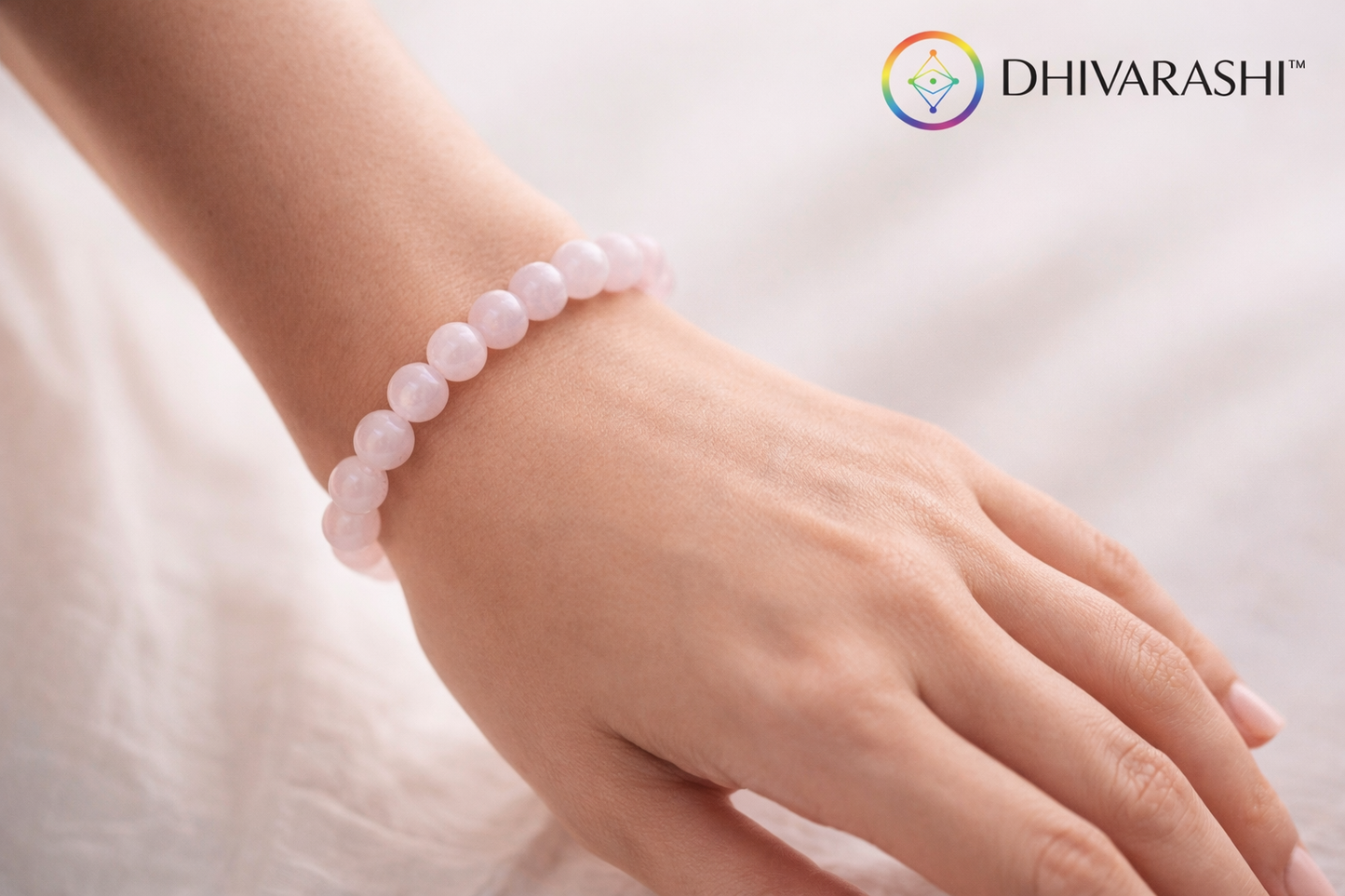 DHIVARASHI rose quartz love bracelet worn on hand, natural pink gemstone bracelet for daily wear promoting calmness love and emotional balance