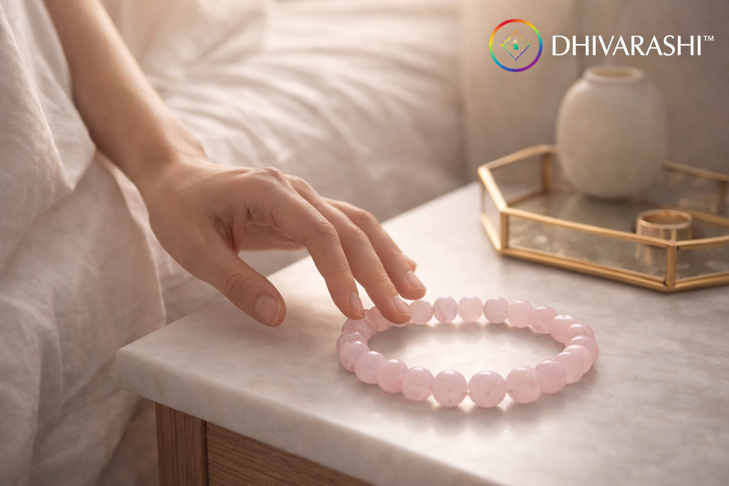 DHIVARASHI rose quartz love bracelet placed gently on table, natural pink gemstone bracelet symbolising love calmness emotional healing and harmony