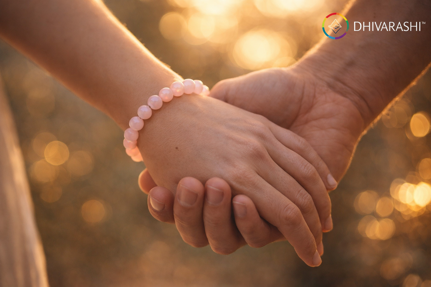 DHIVARASHI rose quartz love bracelet worn by couple holding hands, natural pink gemstone bracelet symbolising love harmony and emotional connection
