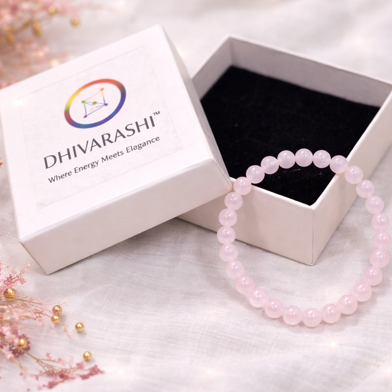 Dhivarashi Rose Quartz Love Bracelet in luxury gift box – natural healing crystal jewelry for love and harmony. Shop: https://dhivarashi.com/products/rose-quartz-love-bracelet