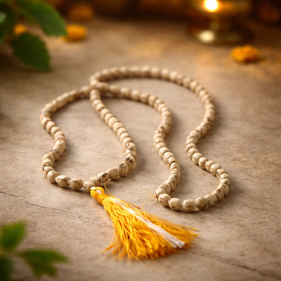 Dhivarashi Tulsi wood mala necklace with natural wooden beads and saffron tassel placed on a warm-toned surface in a spiritual setting