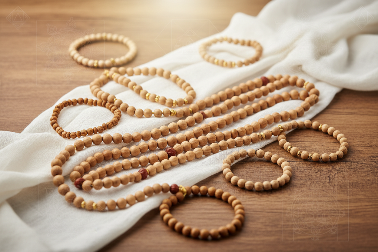 dont use any text , Make the scene look peaceful, pure, and inviting, use more tulsi malas and tulsi bracelets